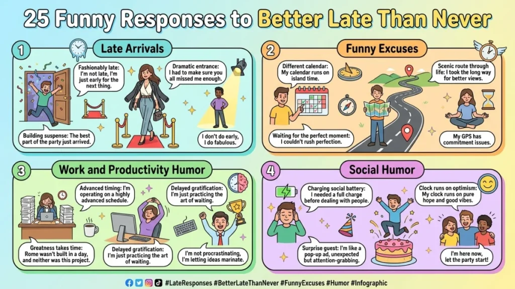 funny responses to better late than never