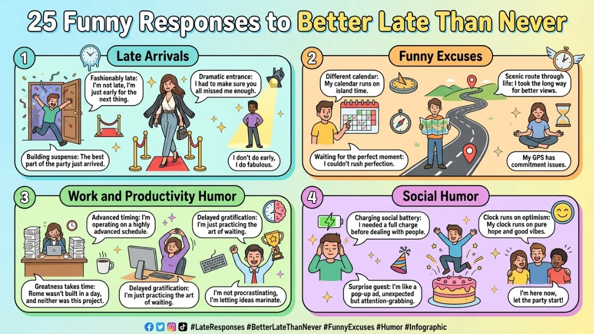 funny responses to better late than never